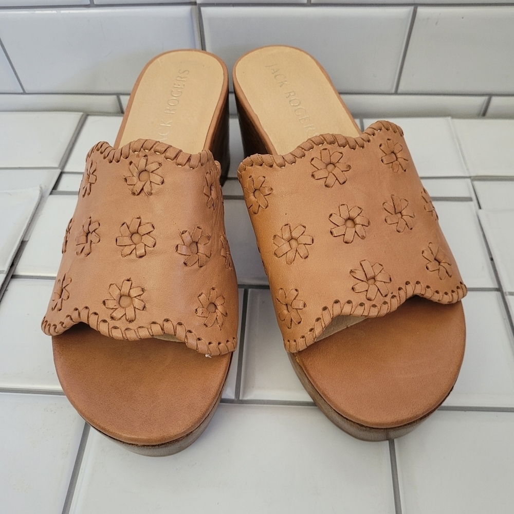 NWOT JACK ROGERS RORY Tan Leather 3in Wood Platform Wedge Sandals Made in Brazi